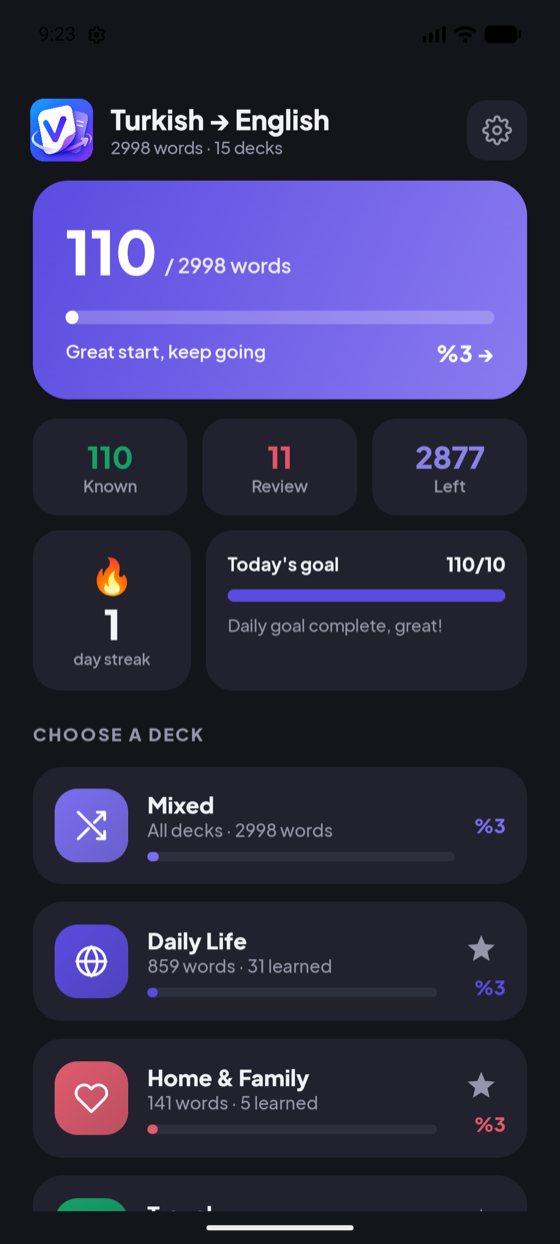 VocaFlip dark mode