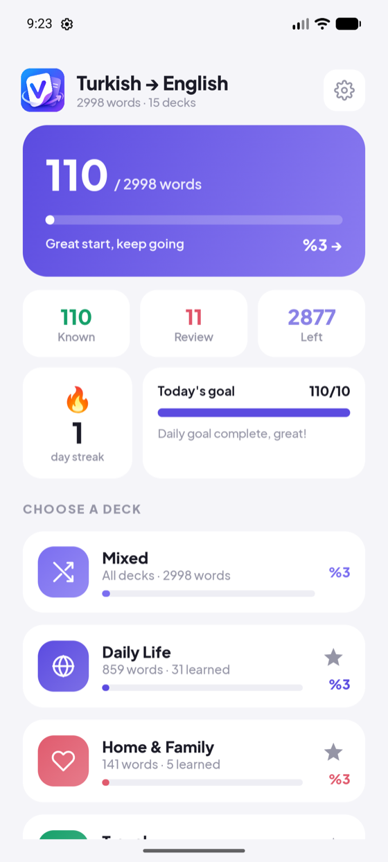 VocaFlip decks and progress